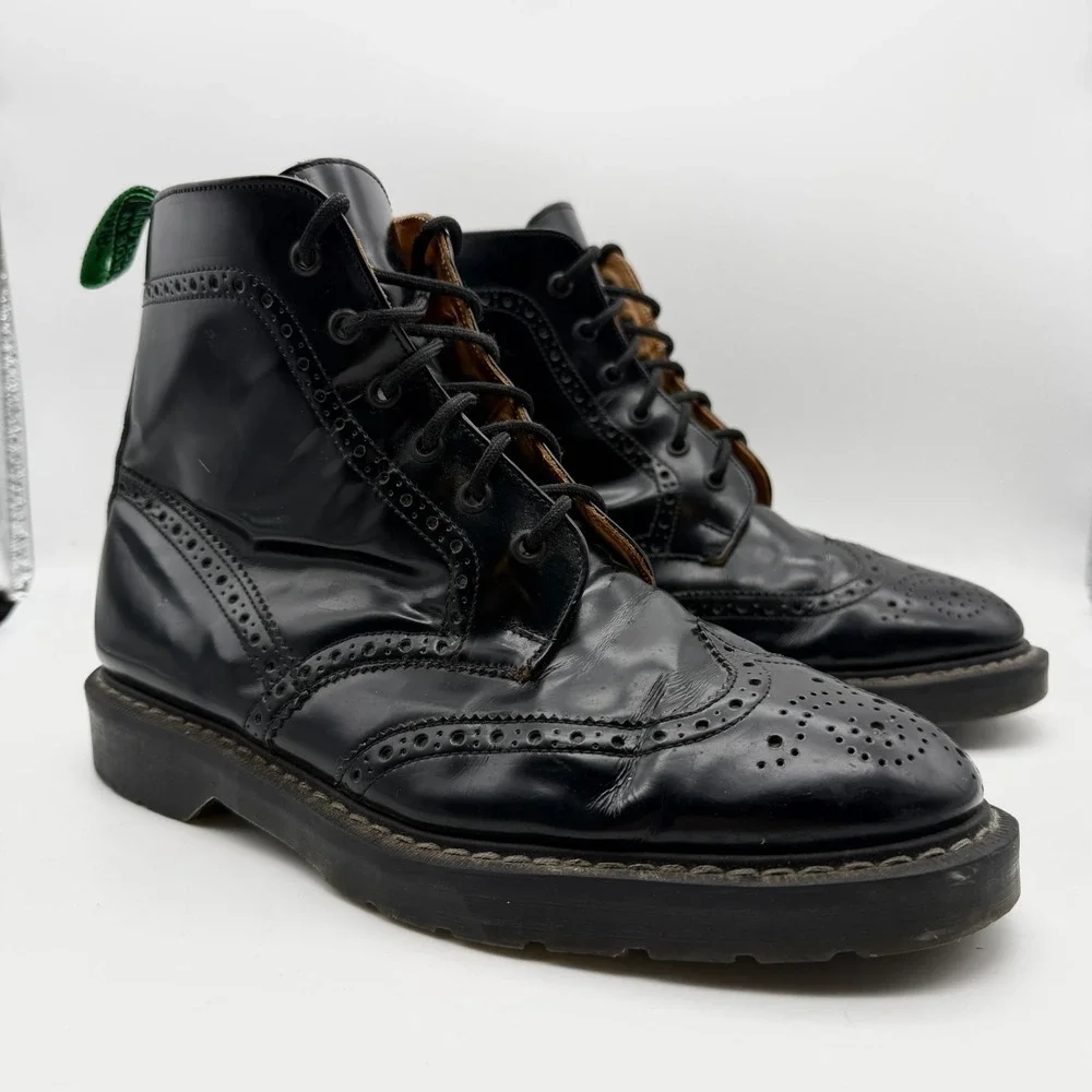 Solovair Boots Mens UK 9 Black Hi-Shine 6 Eye Brogue Wing Tip Made in England